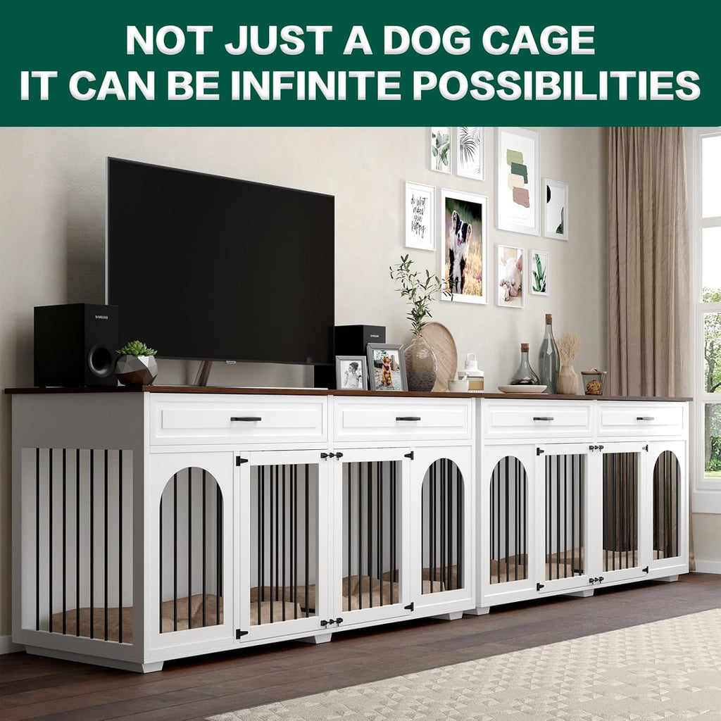 White 74.8 Inch Heavy Duty Wooden Dog Crate with 2 Drawers Q392