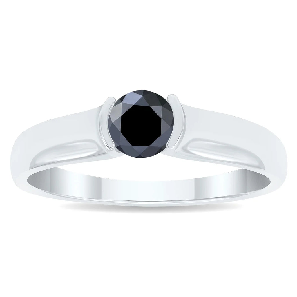 10K White Gold Half Bezel Black Diamond Solitaire Ring Z925