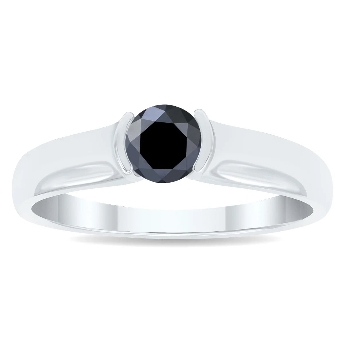 10K White Gold Half Bezel Black Diamond Solitaire Ring Z925