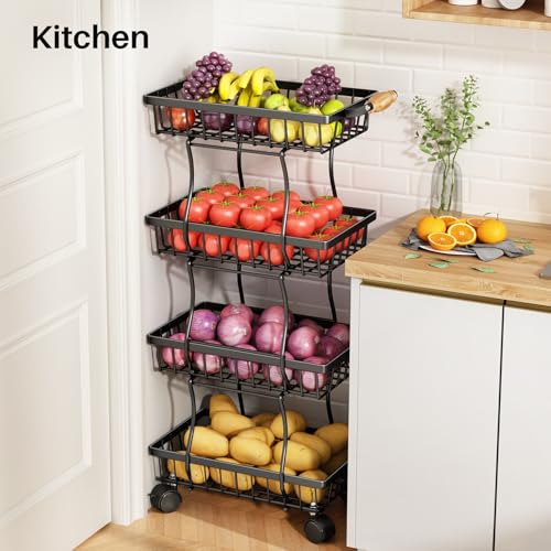 Black 5 Tier Stackable Wire Fruit Basket with Wheels W813