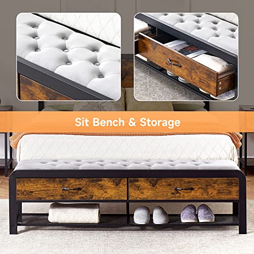 Queen Size Bed Frame with Headboard and Storage Drawers Bench, Nightstand with Storage Drawer N376