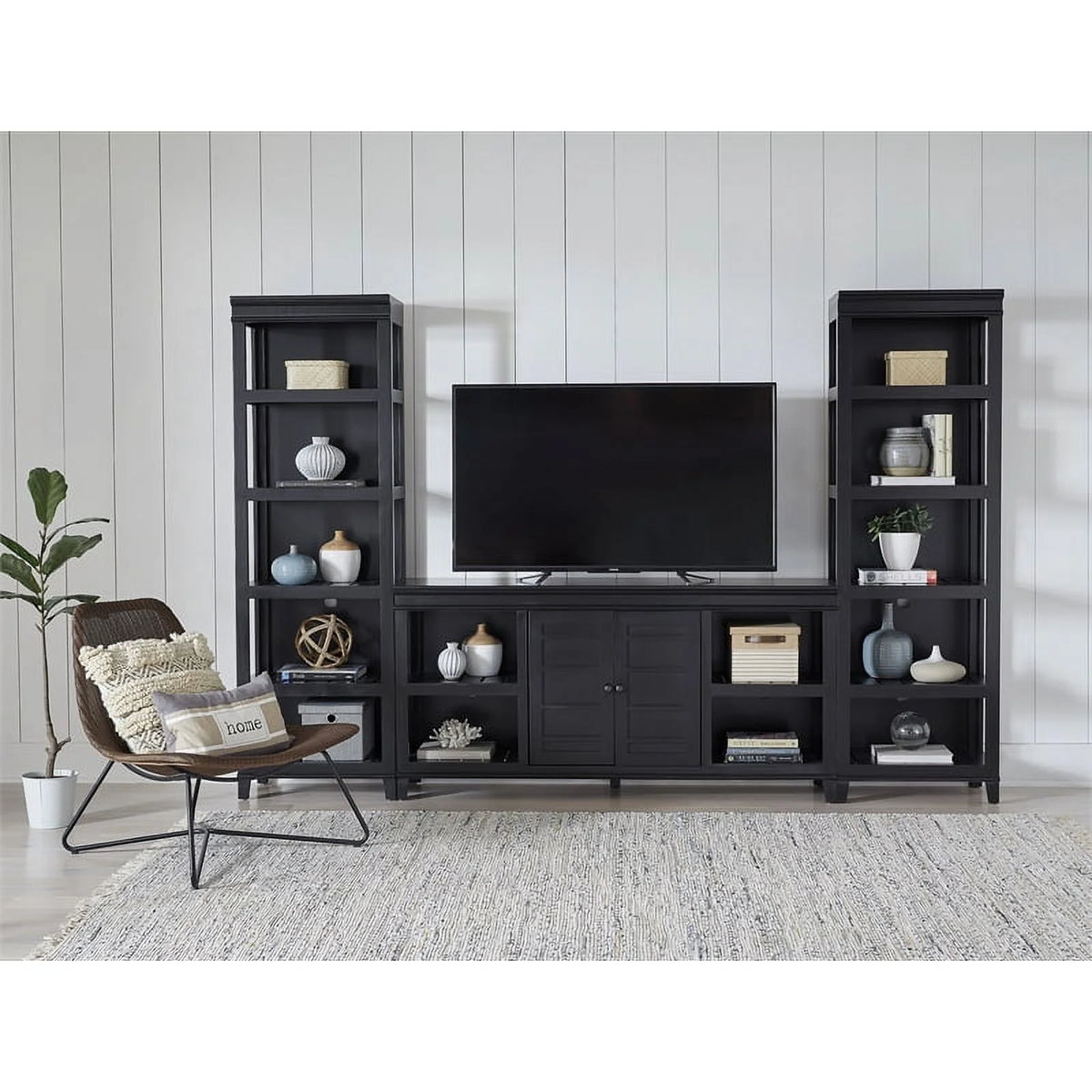 Wood Wall Unit with 66" TV Media Console Raven Black N792