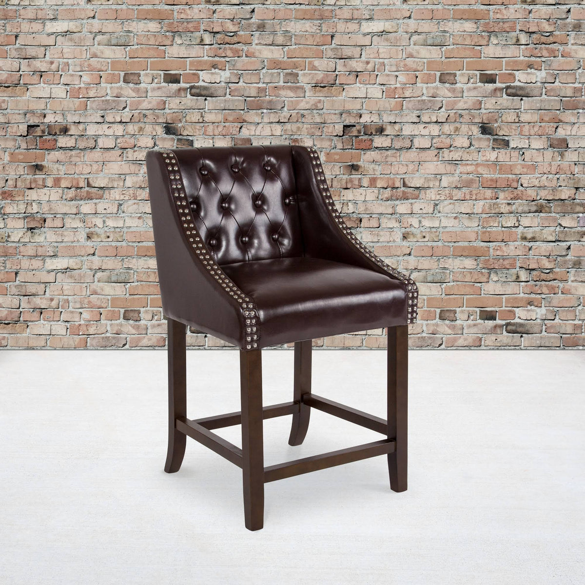 Tufted Walnut Counter Height Stool in Brown LeatherSoft T1986