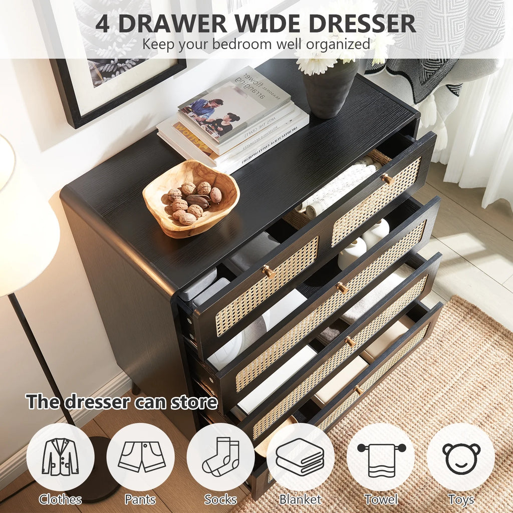 4 Drawer Natural Rattan Wood Dresser K180022