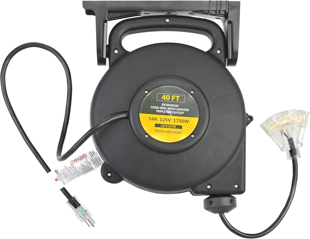 45 Ft Retractable Extension Cord Reel with 3 Electrical Outlets Heavy Duty Yellow Case Black Cable V420