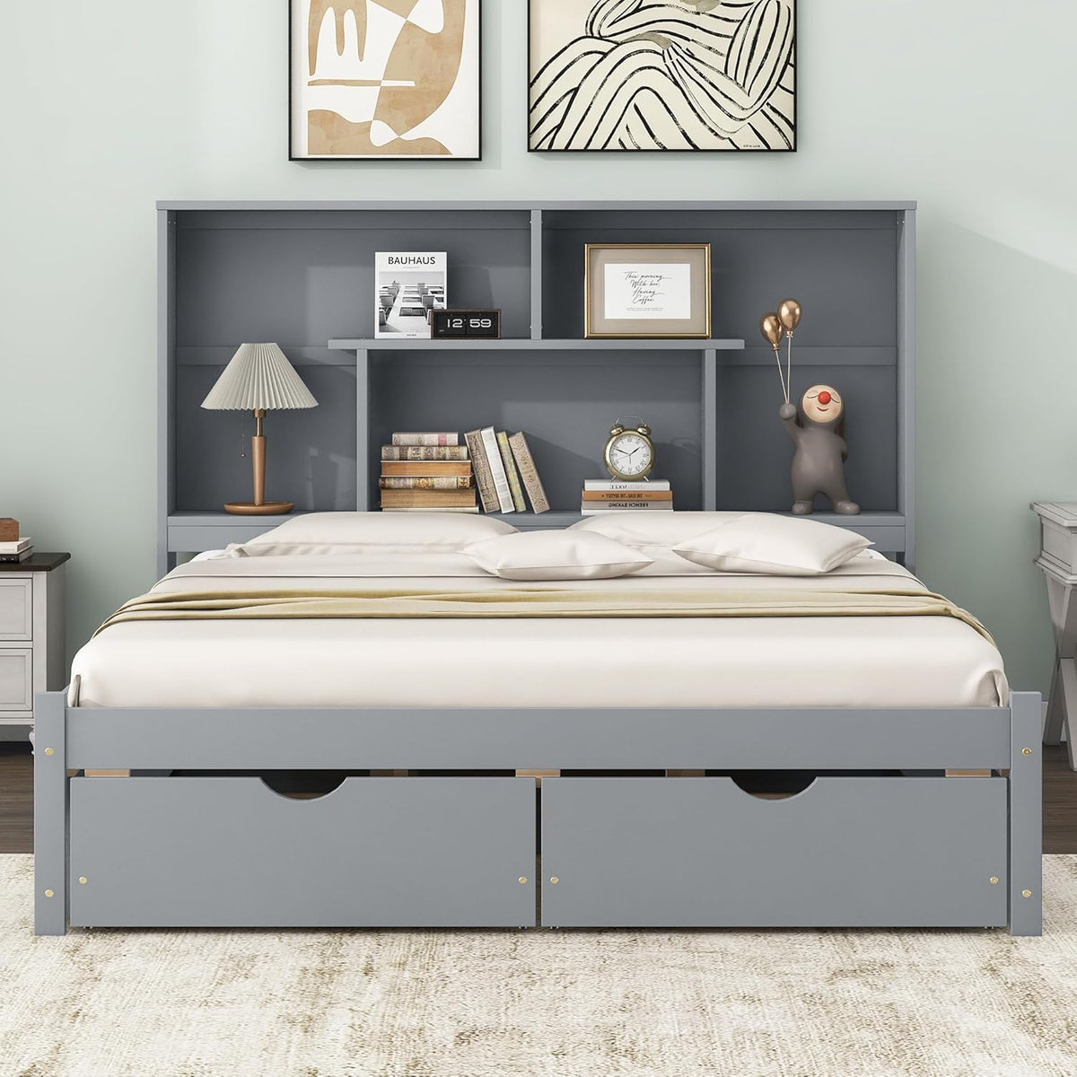 Gray Queen Size Wooden Platform Bedframe with Bookcase Headboard and 2 Storage Drawers K341
