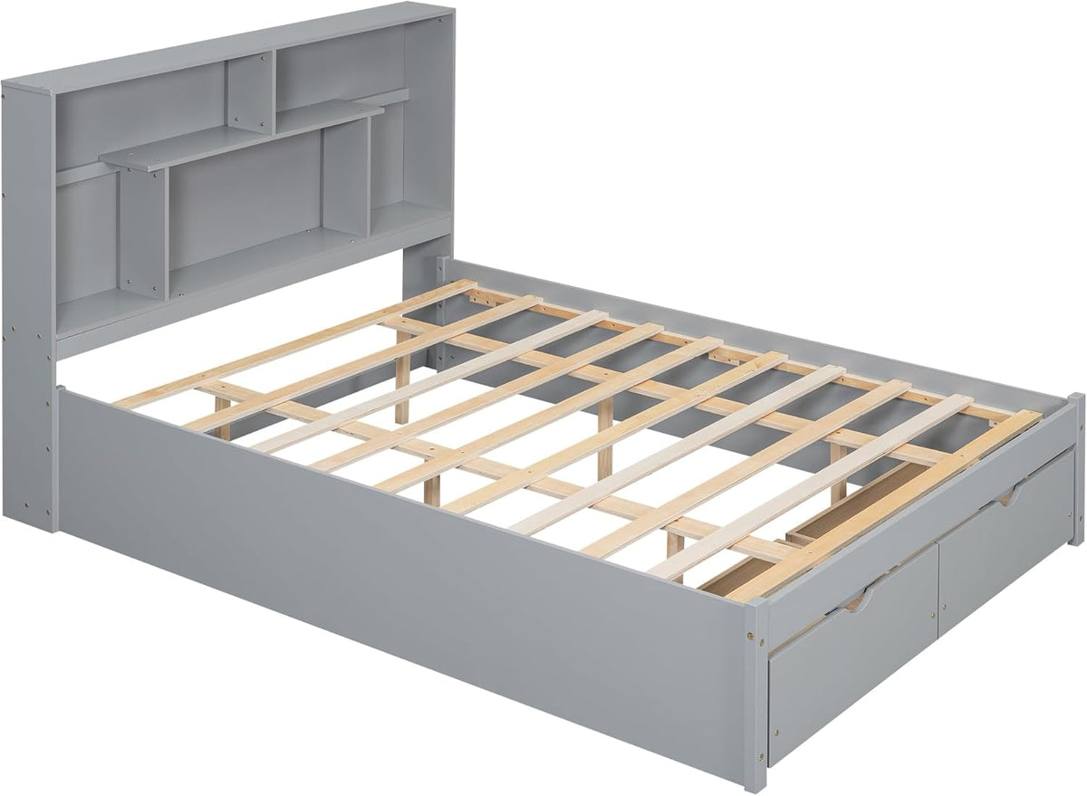 Gray Queen Size Wooden Platform Bedframe with Bookcase Headboard and 2 Storage Drawers K341