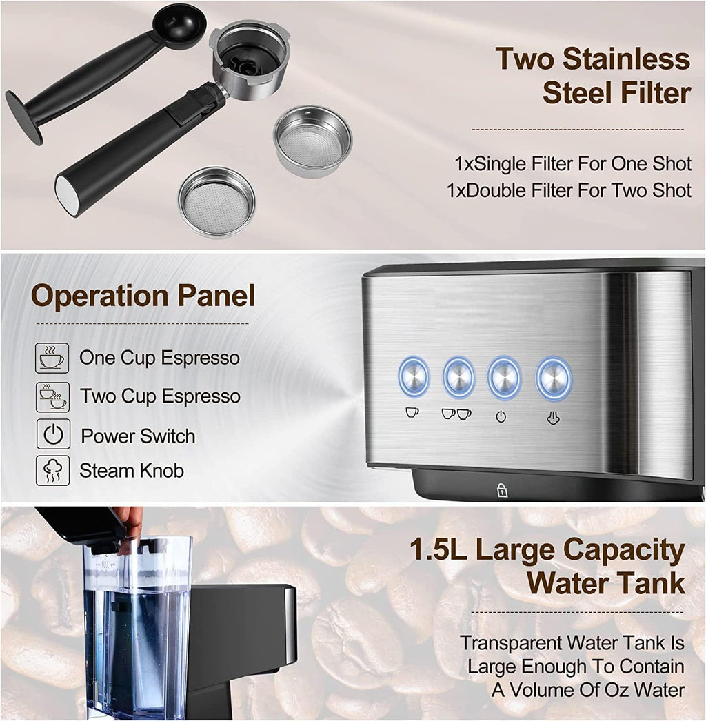 20 Bar Semi-Automatic Espresso Machine with Milk Frother Steam Wand, 50oz Removable Water Tank J86275
