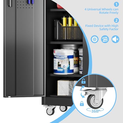 73''H White Metal Storage Cabinet with Wheels and Pegboards I7437