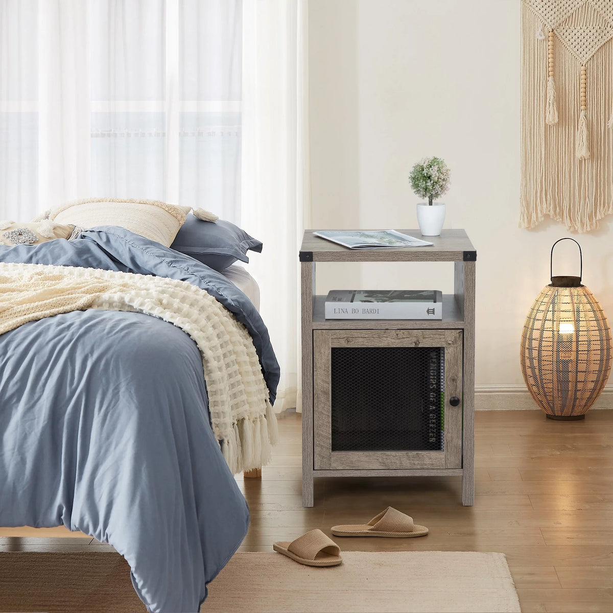 Farmhouse Nightstand with Power Outlets, USB Ports, Cabinet, Storage Shelf P813282