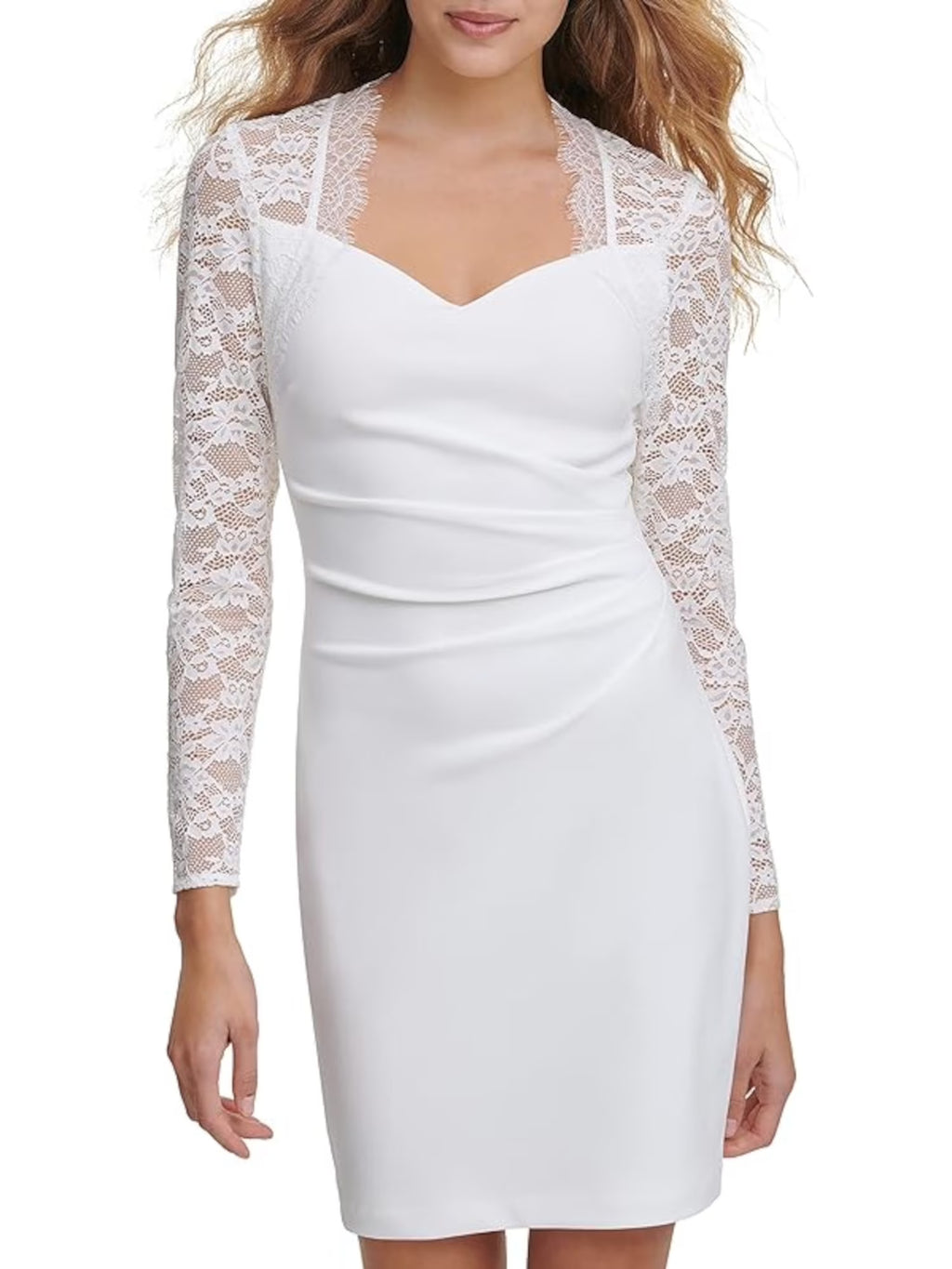 Ivory Stretch Lace Long Sleeve Mini Cocktail Dress Q635