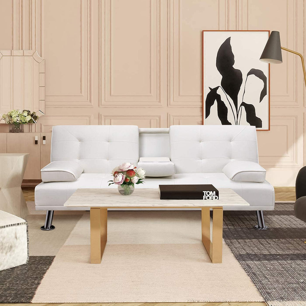White Faux Leather Sofa Bed with Cup Holders C103626
