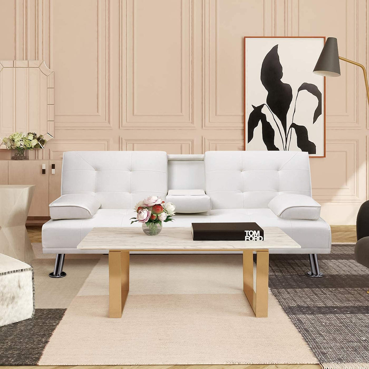White Faux Leather Sofa Bed with Cup Holders C103626