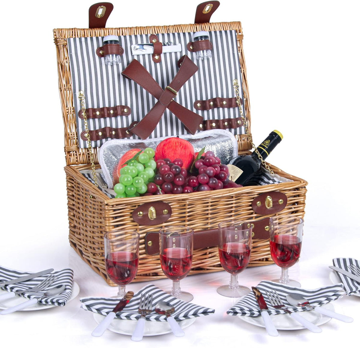 Picnic Basket for 2 with Insulated Liner, Grey Stripes S29157