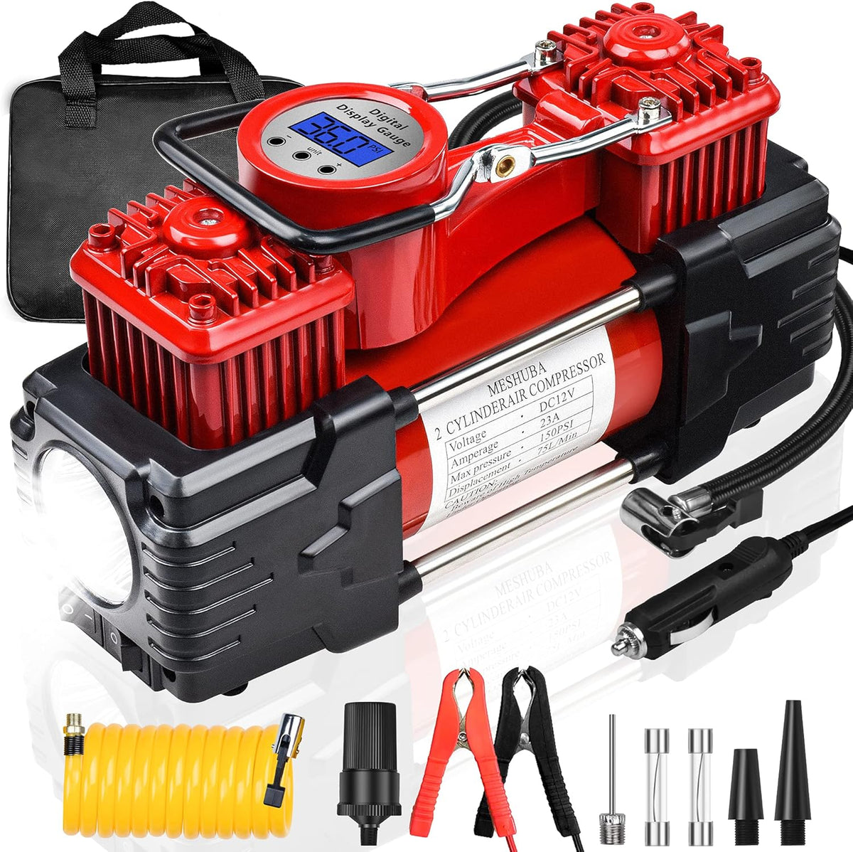 Red Double Cylinder Portable Air Compressor Tire Inflator with Digital Gauge, 12V DC, Pack of 2 F697213