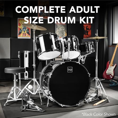 5-Piece Full Size Complete Adult Drum Set with Cymbal Stands, Stool, Drum Pedal, Sticks, Floor Tom - Dark Blue Sparkle K83519