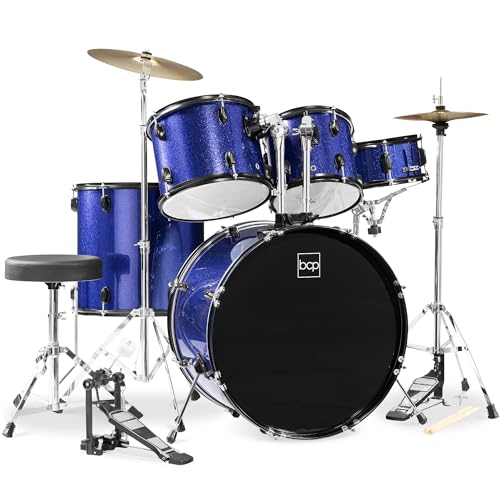 5-Piece Full Size Complete Adult Drum Set with Cymbal Stands, Stool, Drum Pedal, Sticks, Floor Tom - Dark Blue Sparkle K83519