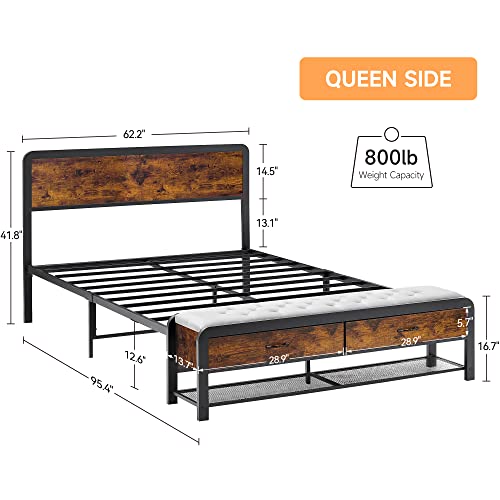 Queen Size Bed Frame with Headboard and Storage Drawers Bench, Nightstand with Storage Drawer N376