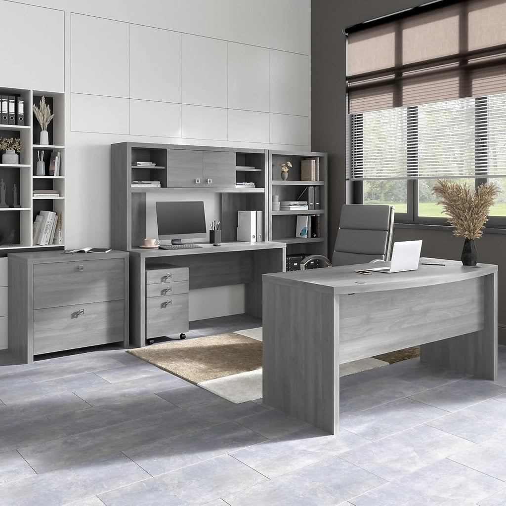 Modern Gray Bow Front Desk with Credenza, Hutch, Bookcase and File Cabinets U196
