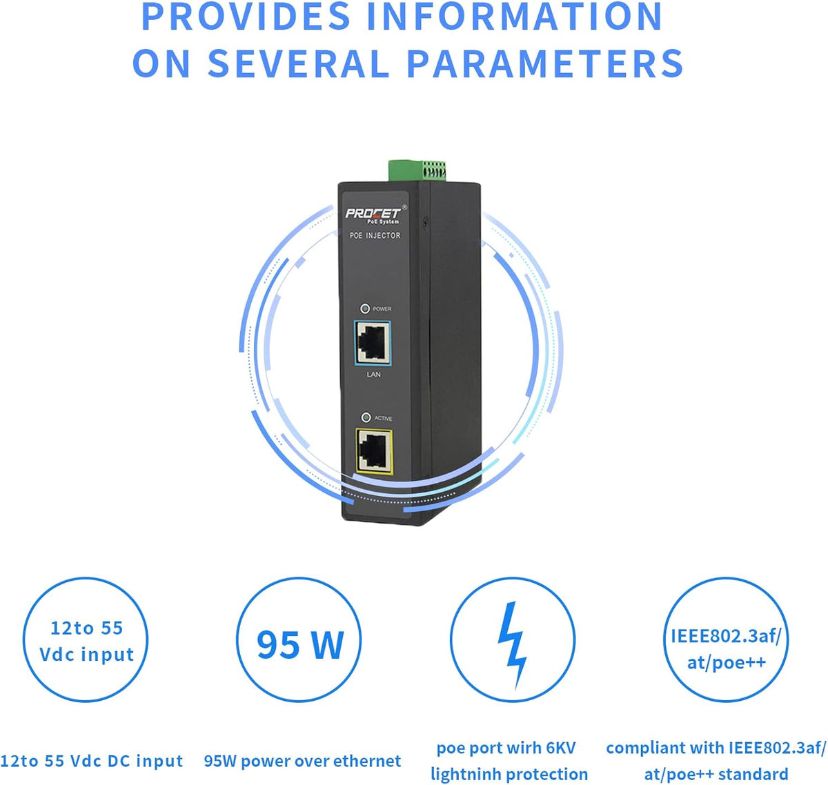 Industrial Gigabit PoE Injector Adapter 95W 55V Metal Case Pack of 2 W758245