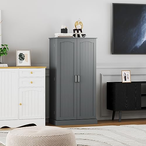 White 4 Door Tall Kitchen Pantry Cabinet with Drawer and Adjustable Shelf M497133
