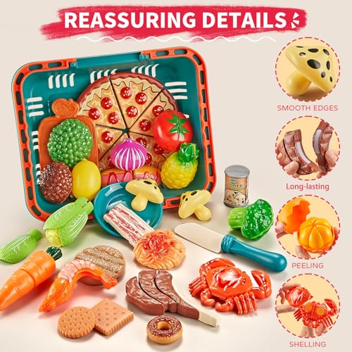 80PC Pretend Food with 2 Kids Picnic Basket, Plastic Food Cutting Toys S2701