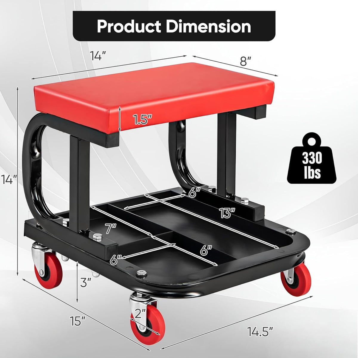 Black/Red Heavy Duty Garage Roller Seat with Tool Tray, 250 LBS Capacity V298