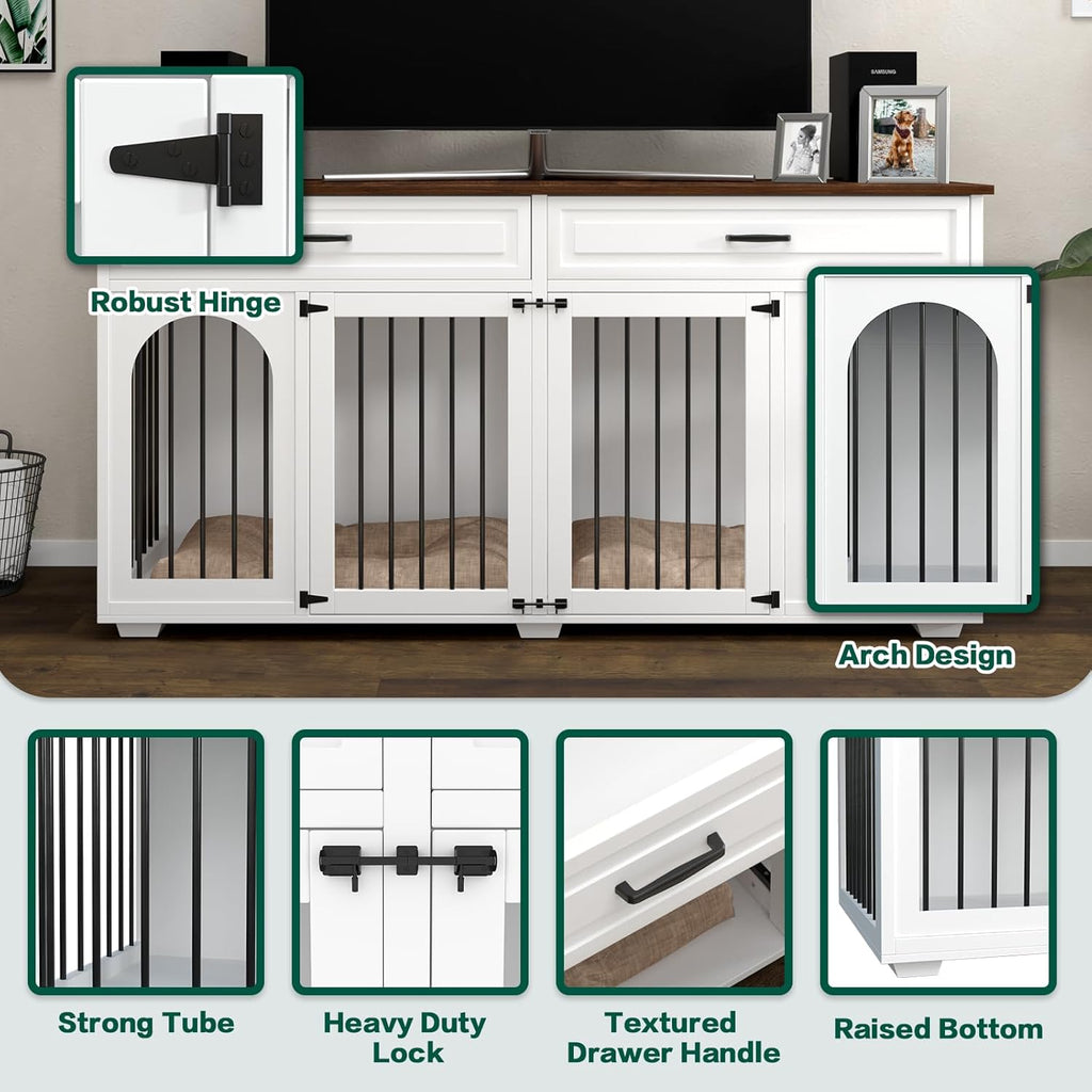 White 74.8 Inch Heavy Duty Wooden Dog Crate with 2 Drawers Q392