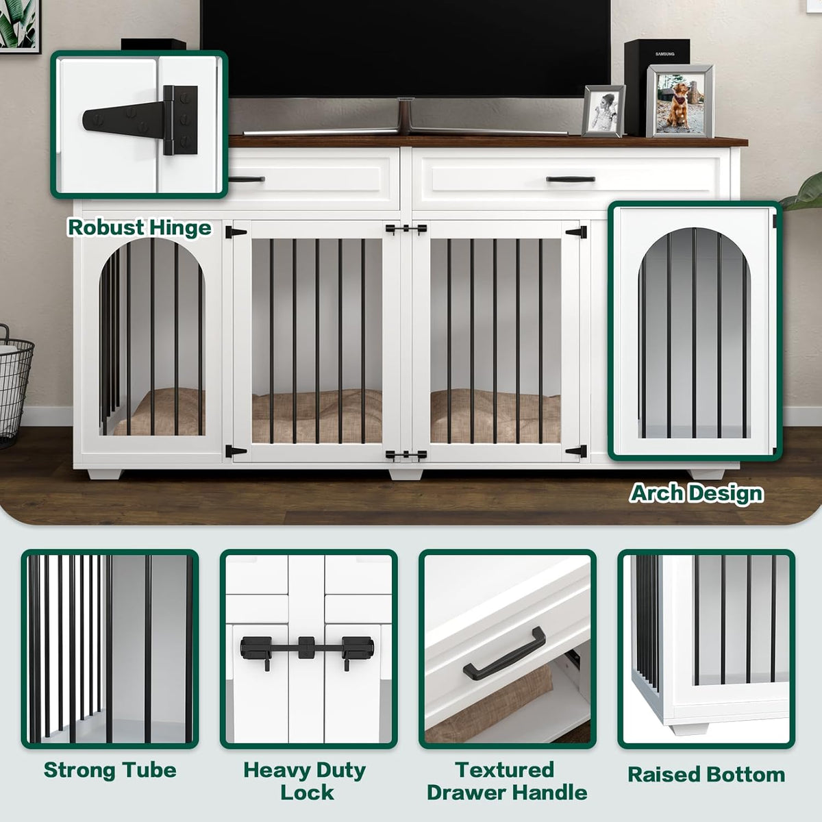 White 74.8 Inch Heavy Duty Wooden Dog Crate with 2 Drawers Q392