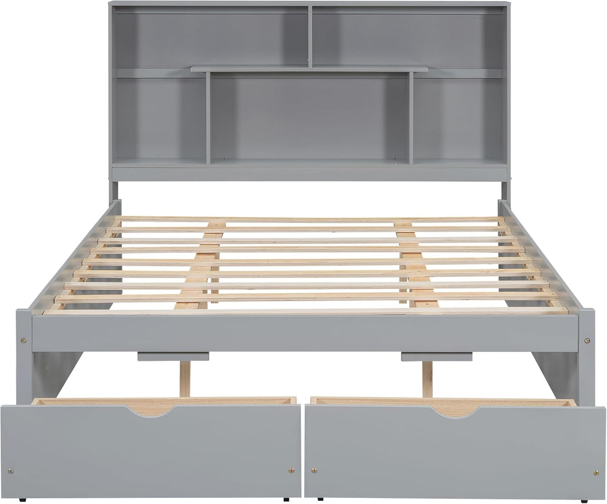 Gray Queen Size Wooden Platform Bedframe with Bookcase Headboard and 2 Storage Drawers K341