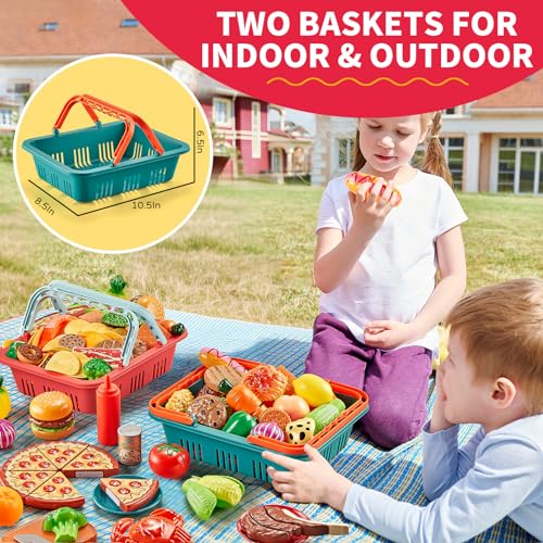 80PC Pretend Food with 2 Kids Picnic Basket, Plastic Food Cutting Toys S2701