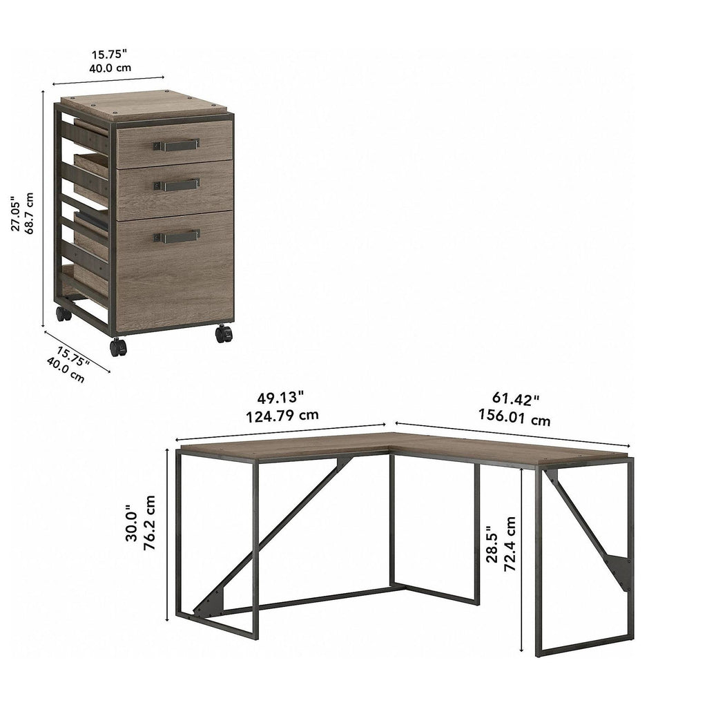 50W L Shaped Industrial Desk with 3 Drawer File Cabinet, Gray T570