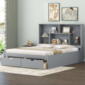 Gray Queen Size Wooden Platform Bedframe with Bookcase Headboard and 2 Storage Drawers K341
