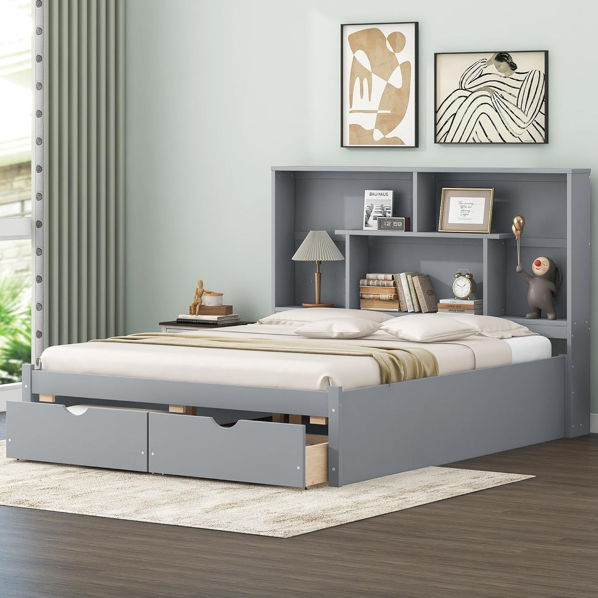 Gray Queen Size Wooden Platform Bedframe with Bookcase Headboard and 2 Storage Drawers K341