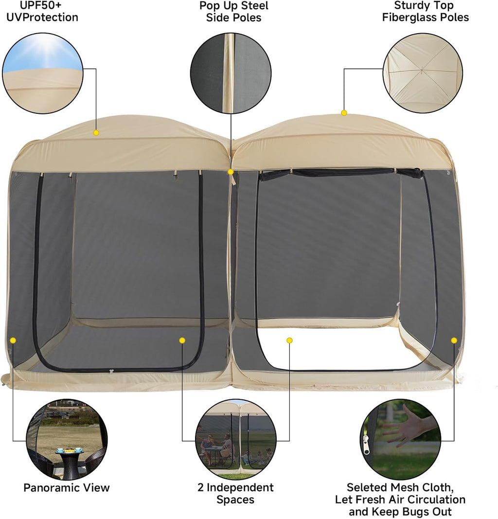 Beige 12' x 7.5' Pop Up Screen Tent Gazebo with Mesh Mosquito Netting N3500
