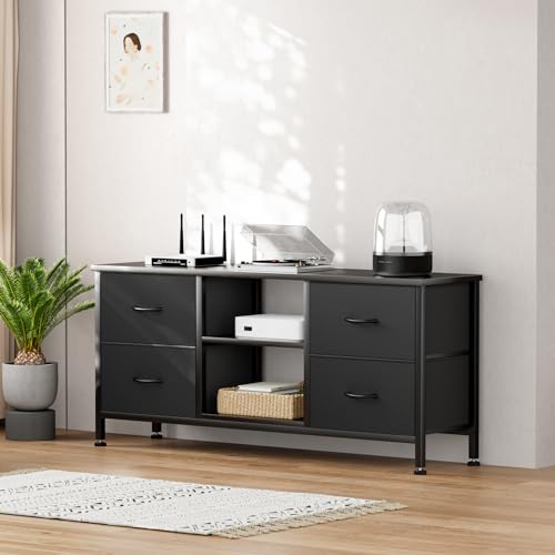Black Wood Veins TV Stand with 4 Fabric Drawers Q791006