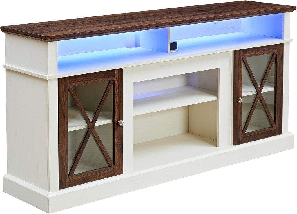 White TV Stand with Glass Barn Door and Adjustable Storage Shelves W32177
