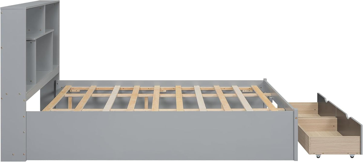 Gray Queen Size Wooden Platform Bedframe with Bookcase Headboard and 2 Storage Drawers K341