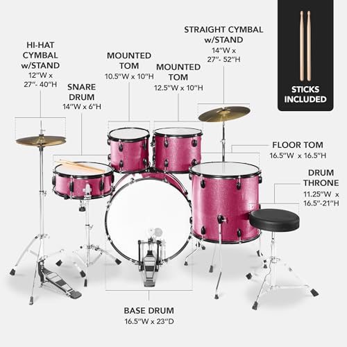 5-Piece Full Size Complete Adult Drum Set with Cymbal Stands, Stool, Drum Pedal, Sticks, Floor Tom - Dark Blue Sparkle K83519