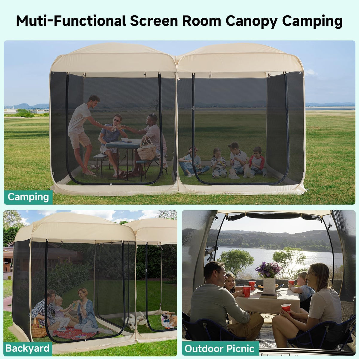 Beige 12' x 7.5' Pop Up Screen Tent Gazebo with Mesh Mosquito Netting N3500