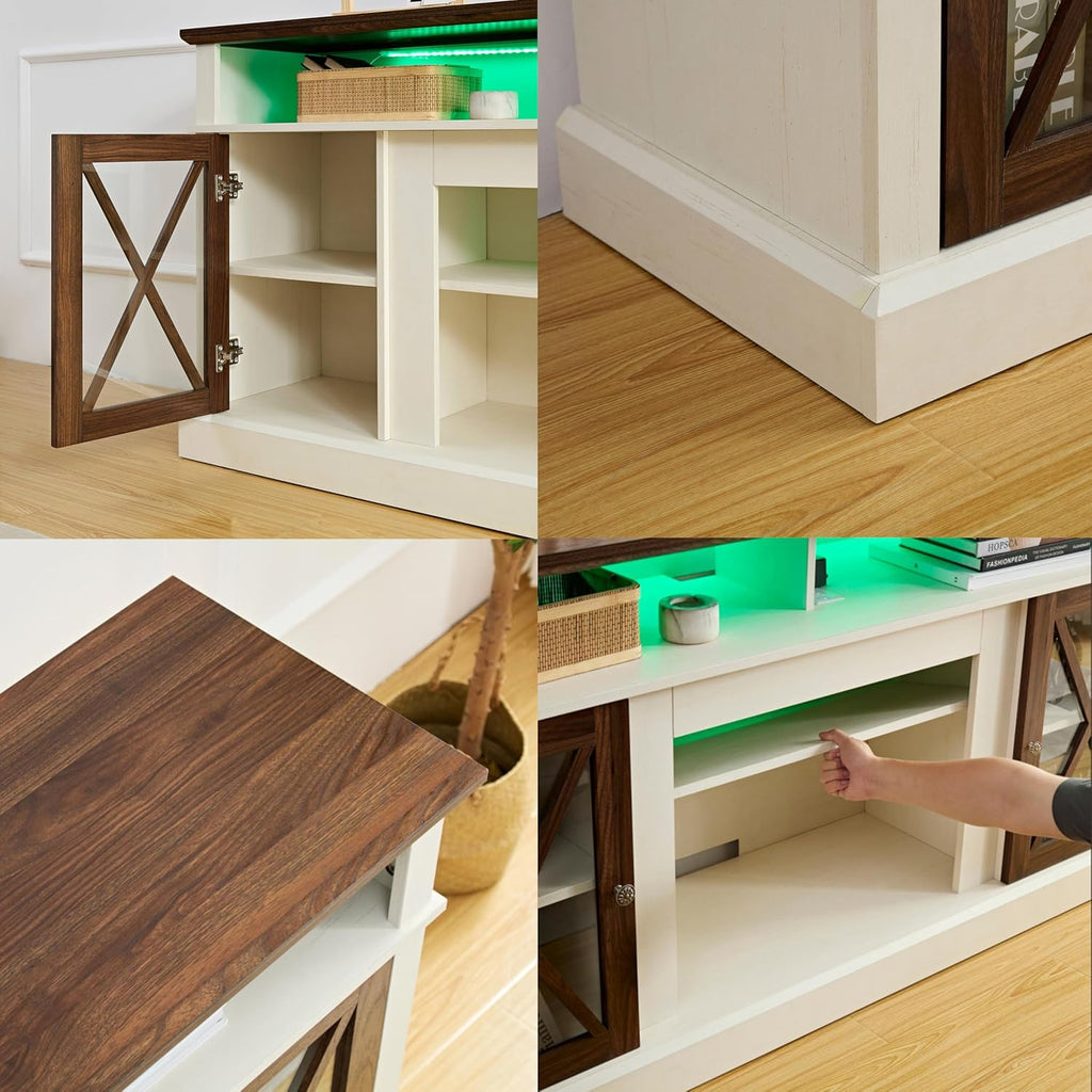 White TV Stand with Glass Barn Door and Adjustable Storage Shelves W32177