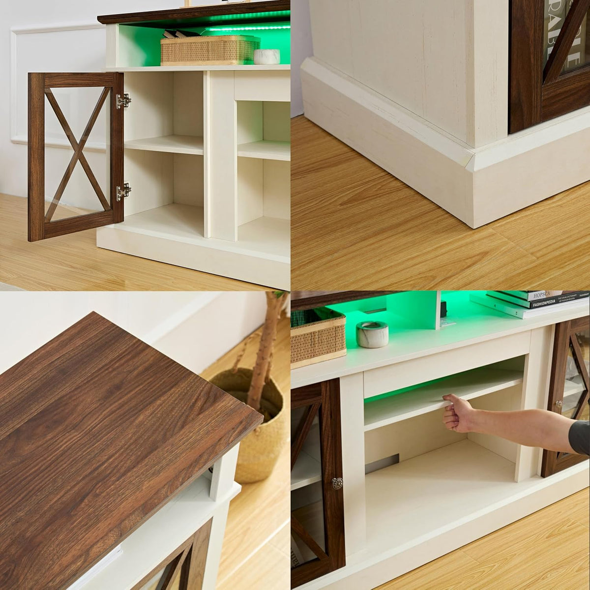 White TV Stand with Glass Barn Door and Adjustable Storage Shelves W32177