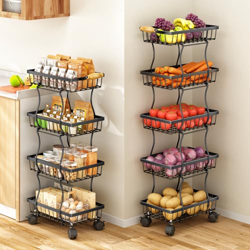 Black 5 Tier Stackable Wire Fruit Basket with Wheels W813