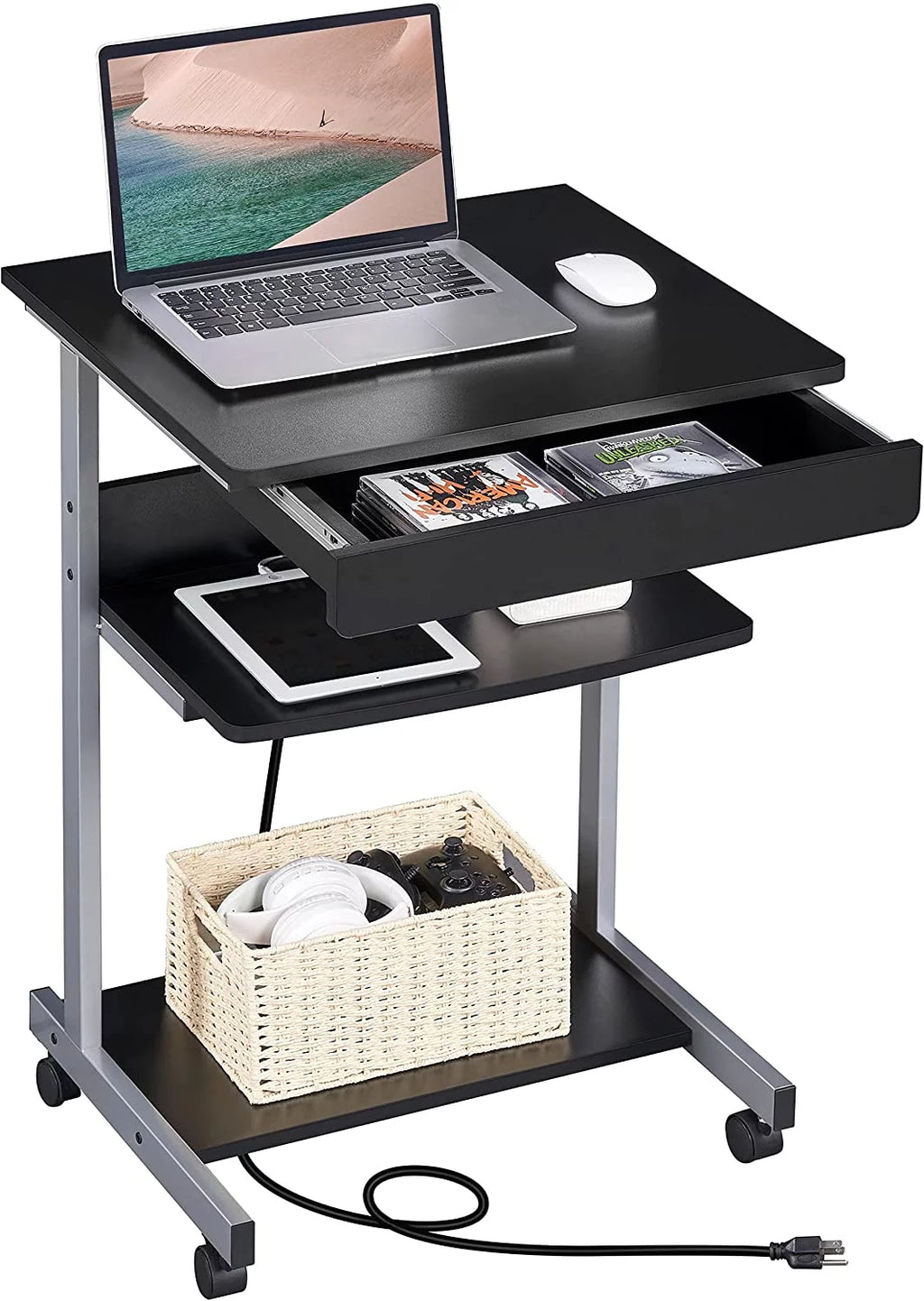 Black Compact Laptop Desk On Wheels With Power Outlet And USB Ports S9282