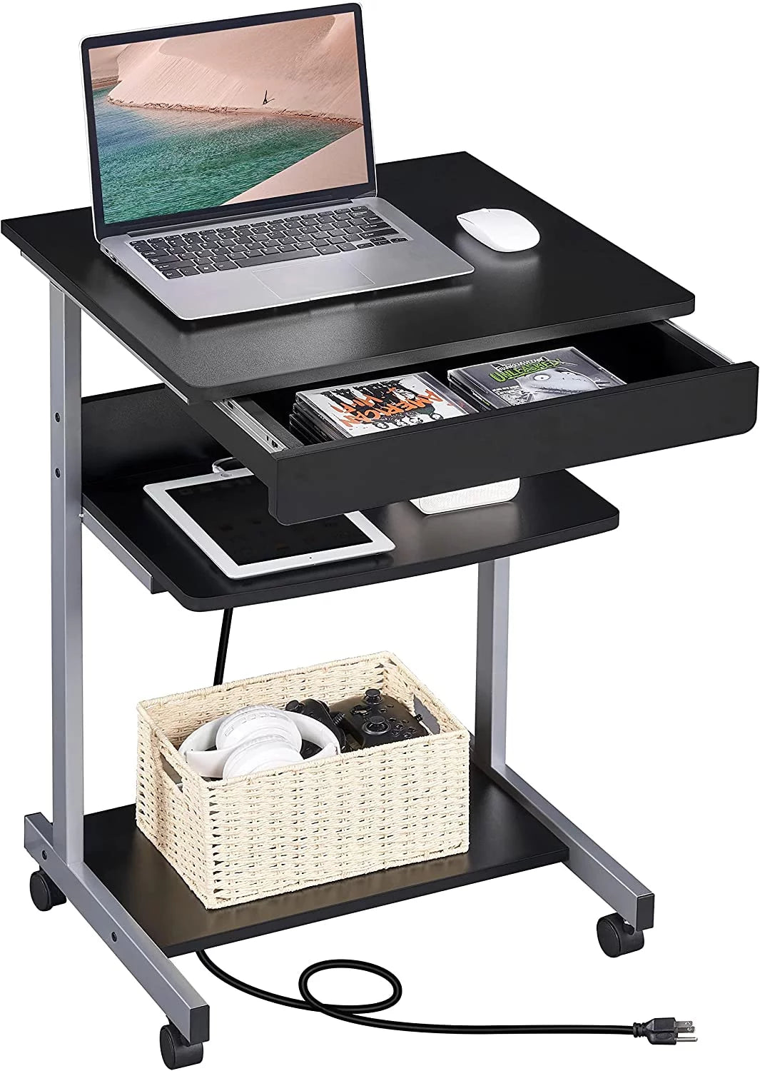 Black Compact Laptop Desk On Wheels With Power Outlet And USB Ports S9282