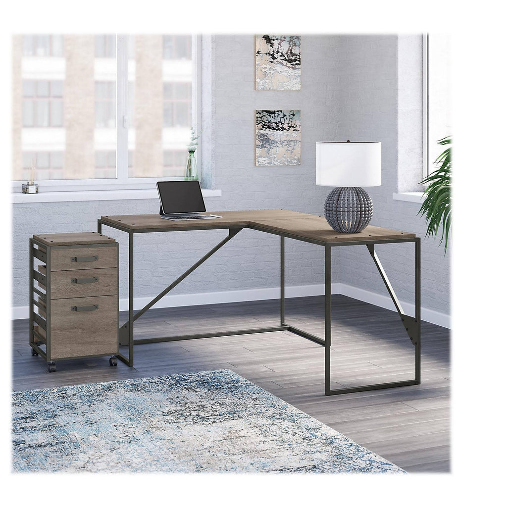 50W L Shaped Industrial Desk with 3 Drawer File Cabinet, Gray T570