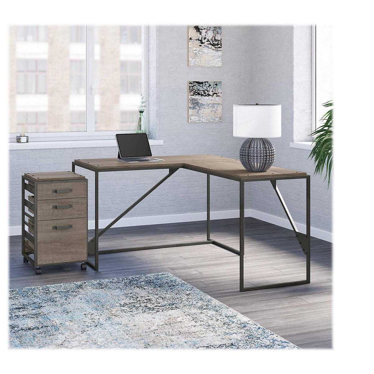 50W L Shaped Industrial Desk with 3 Drawer File Cabinet, Gray T570
