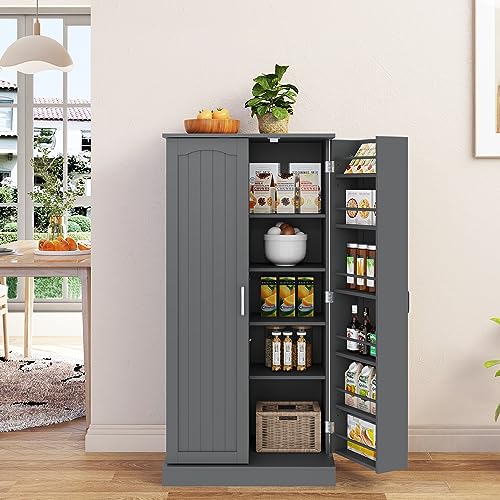 White 4 Door Tall Kitchen Pantry Cabinet with Drawer and Adjustable Shelf M497133