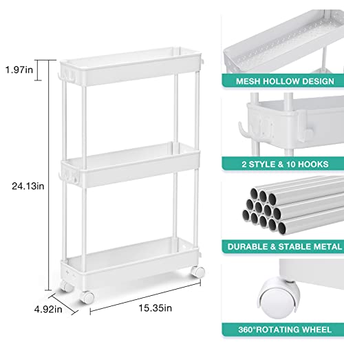 Slim Rolling Storage Cart, 4 Tier, White V4160