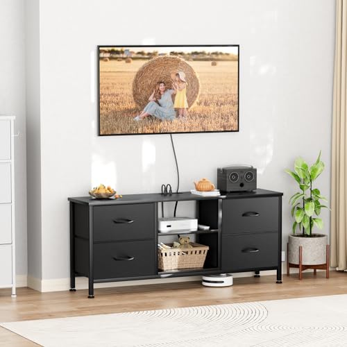 Black Wood Veins TV Stand with 4 Fabric Drawers Q791006